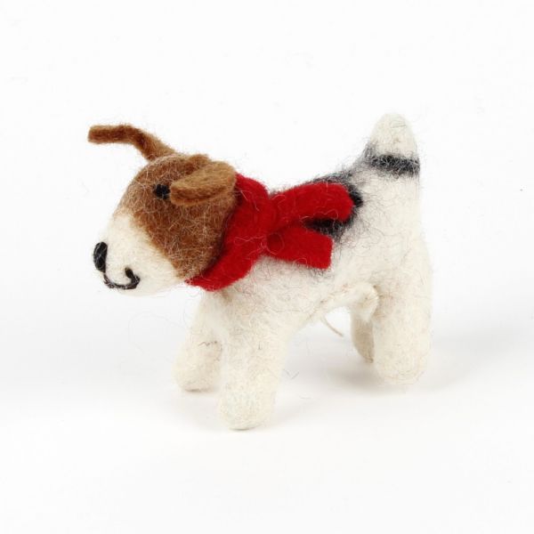 Filz-Hund mit rotem Schal - Schlaufe zum aufhängen - Fairtrade